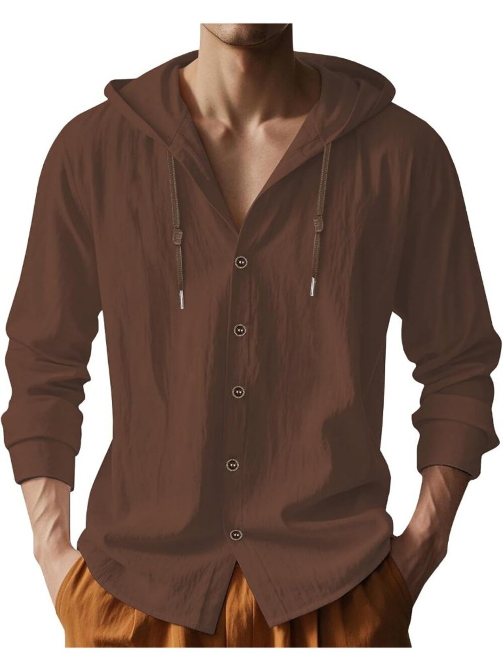 Men's Brown  Cotton Linen Long Sleeve Top Casual Lightweight Button Down Hoodie